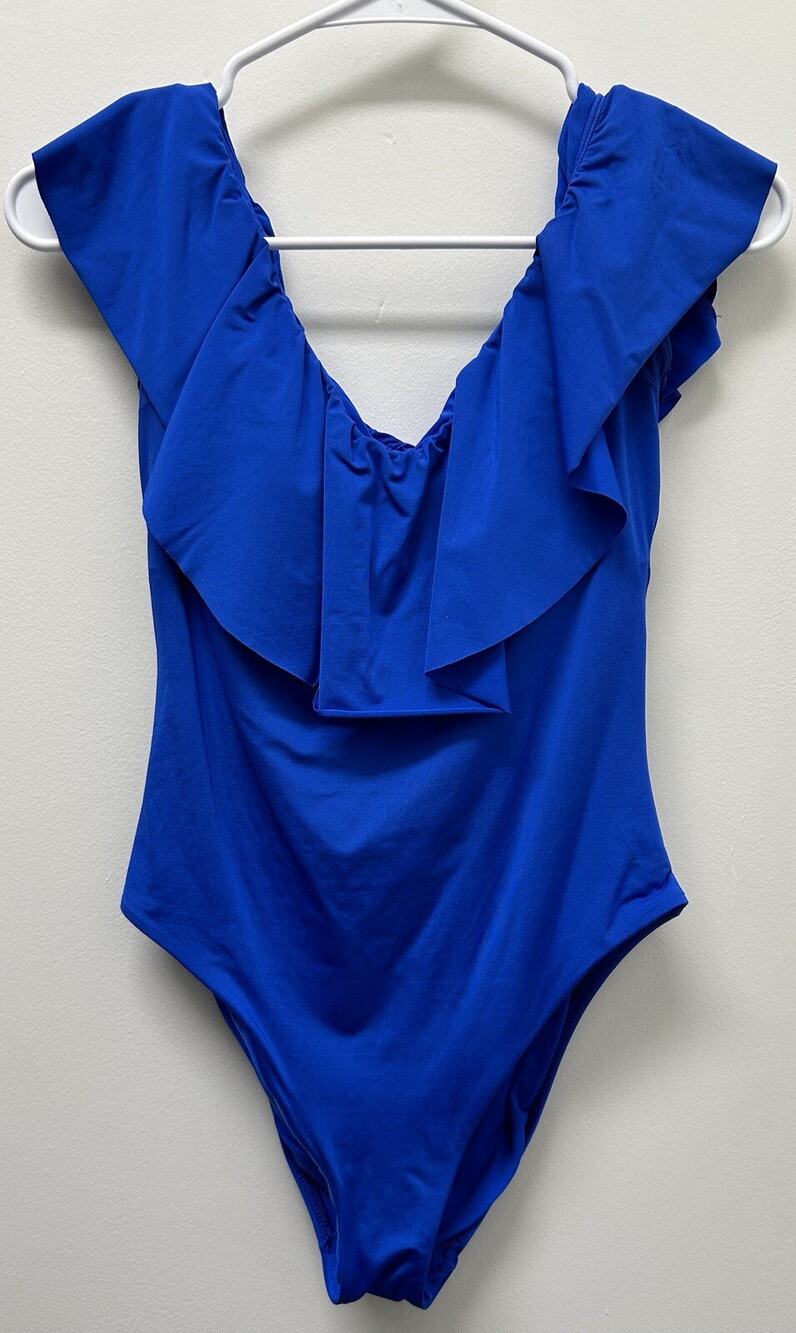 Trina Turk Monaco Women’s Off Shoulder Ruffle One Piece Swimsuit Size 10 Blue